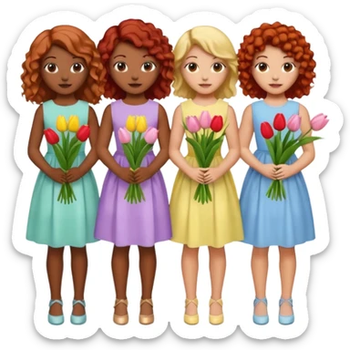 5 girls at a garden party wearing pastel dresses and holding tulips, one is black, one is blond, one has brown hair, one has red hair, one is mixed with curly hair sticker