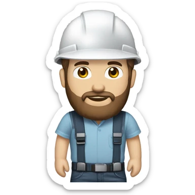 Mid white engineer wearing light blue blouse and black jeans and brown safety shoes and white helmet and dark hair beard  sticker