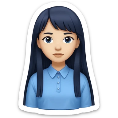 hair : black long hair with fringe 
skin : light 
cloth : oversize light blue shirt + navy long long skirt 
 sticker