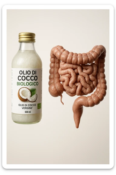 BOCCETTA DI OLIO DI COCCO BIOLOGICO (FAI UN ETICHETTA SUL PRODOTTO IN ITALIANO) CHE FLUTTUA IN ARIA INSIEME A UN INTESTINO UMANO ANATOMICO IN PERFETTA SALUTE, SFONDO CHIARO, iperrealistico 4k sticker
