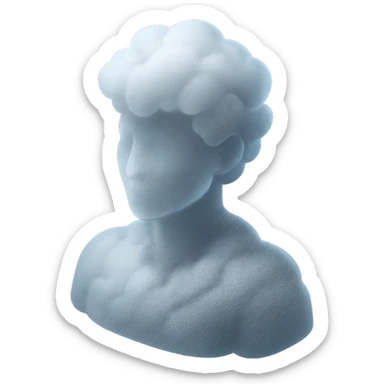 front view portrait of a person from shoulders up, composed of white fluffy clouds, matte glass style sticker