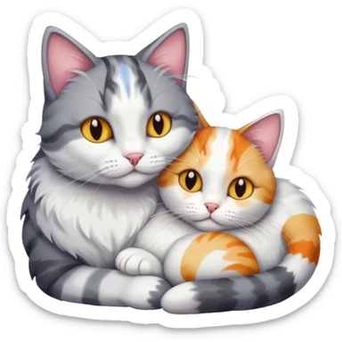 grey and white cat cuddling a colourful light patched calico + white tabby cat sticker