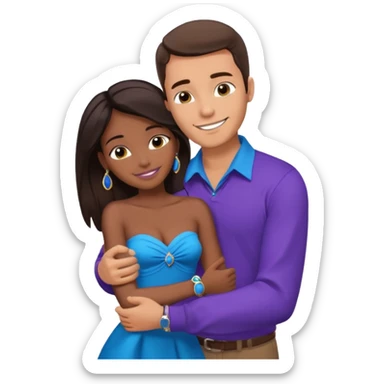 Tan tall brunette European male in blue shirt smiling and hugging a jet black African girl in purple strapless dress and blue jewelry they are on a beach with blue ocean water and palm trees sticker