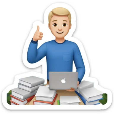 man with a laptop, standing on a mountain of papers, thumbs up emoji sticker