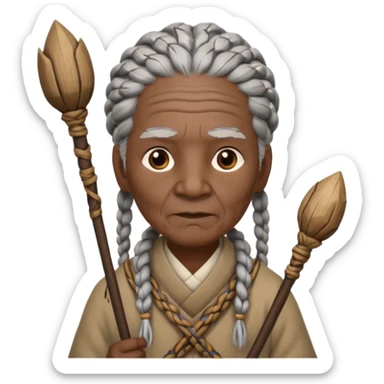 An elderly tribal leader with gray braids, wooden staff, and warm wise eyes.
 sticker