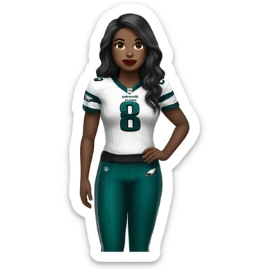 White female long dark hair red lips wearing Philadelphia Eagles jersey sticker