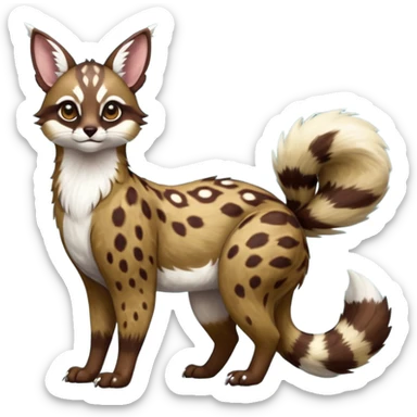 Colorful dark realistic chocolate-brown tropical beige fur glorious divine exotic cute cool beautiful shiny beautiful fantasy-Furret-Eevee-caracal-civet-genet-sergal-vernid-Cacomistle-oncilla-animal-Fakémon-hybrid-fursona with white deer-spots pattern markings (full body) sticker