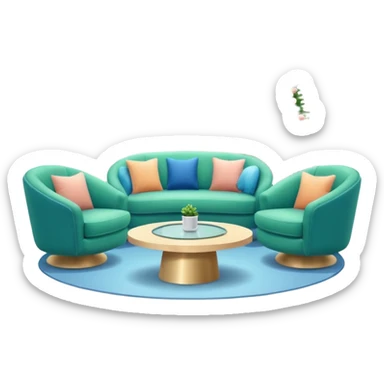 Morning entertainment TV studio, cozy talk show set with armchairs and couch, guests sitting area, round glass coffee table, warm pastel colors, green and blue lighting panels, festive decorations, friendly daytime TV atmosphere, realistic broadcast studio, no branding. sticker