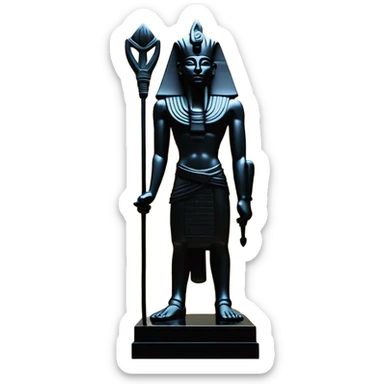 Osiris crook and flail obsidian statue on granite 30 ton brick, massive size, sunlight behind, sunset colors, reflections on black stone polished clean perfect, photography angles sticker