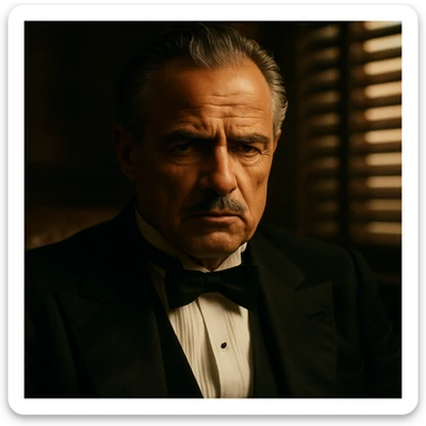 Cinematic close-up of a powerful Italian mafia boss from the 1940s, wearing a black tuxedo, white shirt, and bow tie. He has slicked-back grey hair, a mustache, and a stern expression, sitting in a dimly lit room with dramatic lighting and blinds casting striped shadows. sticker
