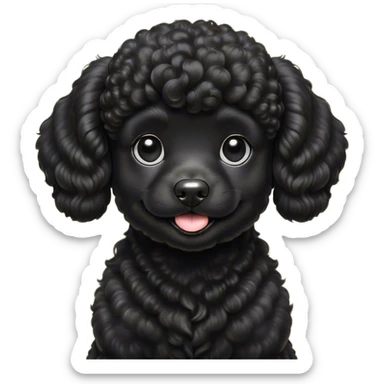 Cinematic Cute Black Poodle Portrait Emoji, Head tilted playfully and inquisitively, showcasing a bouncy, curly jet-black Fur with a striking sheen, round, sparkling dark eyes filled with curiosity, Simplified yet irresistibly adorable features, highly detailed, glowing with a warm, friendly glow, high shine, affectionate and lively, stylized with a touch of whimsy, bright and endearing, soft glowing outline, capturing the essence of a mischievous yet loving companion, so playful it feels like it could bounce out of the screen and into your arms! sticker