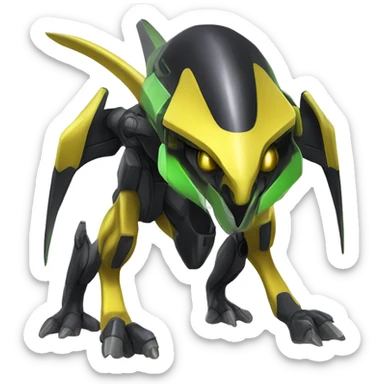 a shiny black-yellow-green Genesect-Raptor-Fakémon—hybrid with a futuristic visor-helmet full body sticker