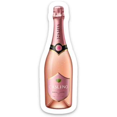 bottle of sparkling rosé champagne with a rose logo on the label, tilted up and to the left, no glass sticker