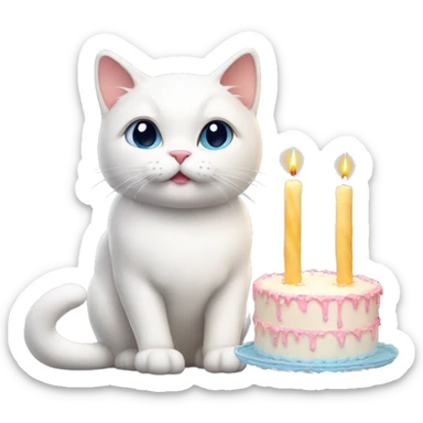 A white cat in front of a cake with lit candles sticker