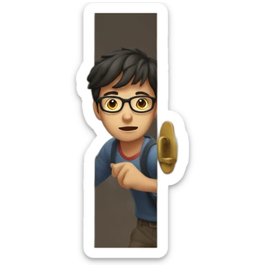 young dark-haired man with glasses struggling to lock a wooden door sticker
