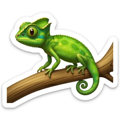 A small green chameleon, with large, expressive eyes, perched on a branch. sticker
