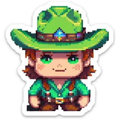 Cowboy character with a bright green hat sticker