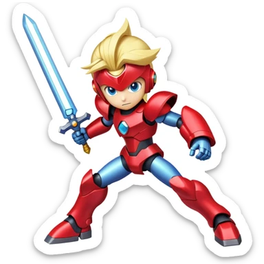 Megaman Zero robot with red armor, blonde hair, and Z-saber sword sticker