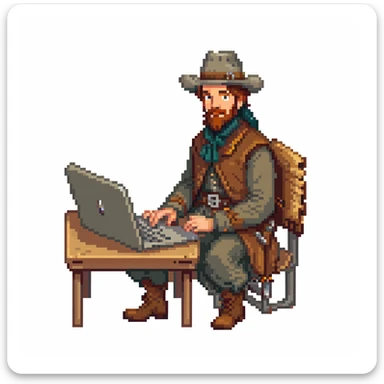 Pioneer settler in old frontier clothing sitting at a modern laptop computer sticker