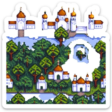 cityscape of Nalchik with iconic buildings and trees in pixel art style sticker