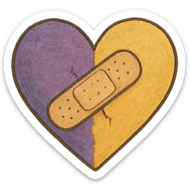 ghibli style purple and yellow heart with a bandage sticker