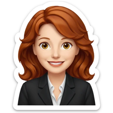 emoji of a woman in her 50s, wavy auburn hair, wearing a blazer, smiling sticker