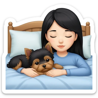 pretty asian girl with black hair sleeping in bed with yorkshire terrier sticker