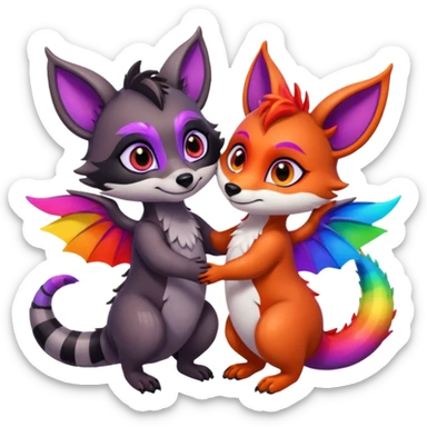 black female raccoon dragon hybrid with rainbow colored wings and purple eyes giving a big hug to a red female fox dragon hybrid with rainbow colored wings and orange eyes sticker