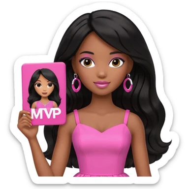Black barbie, long black  hair, pink dress holding mvp sign  sticker