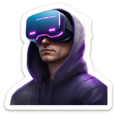Russian man in the black hoody with violet letters "OMG VR" on it wearing vr headset. Cyberpunk style. Violet neon. sticker