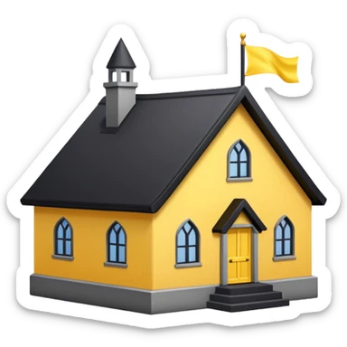 simple magic school, low detail, white background, magic school, black roof, with a big flag, big flag on a roof, big yellow flag, white school sticker
