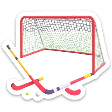 field hockey equipment on lush green pitch with goal in background sticker