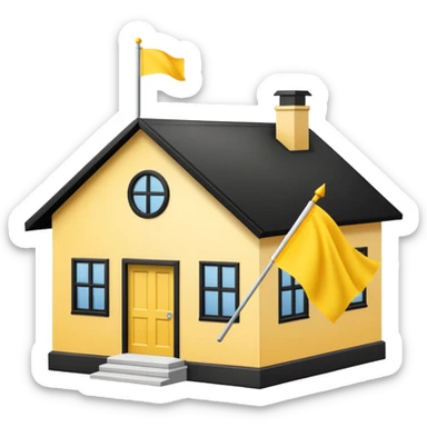 simple school, white background, magic school, black roof, with a big flag, big flag on a roof, big yellow flag, white school sticker