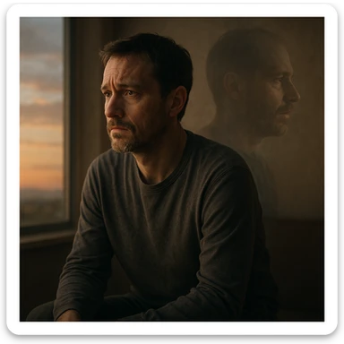 A thoughtful man sitting alone in a quiet room or outside at sunset, gazing into the distance with an introspective and emotional expression. A faint ghostly double exposure shows an alternate version of himself in the background, symbolizing a 'what if' shaped by a life-changing diagnosis. The setting is calm but emotionally deep, cinematic style, emotional realism, soft lighting, symbolic duality, quiet sadness and wonder, hyperrealistic 4K. sticker