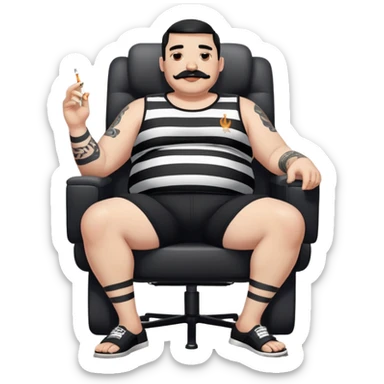 Large man reclining in chair, legs spread, smoking a cigarette, round face, very short black hair, beard and mustache, light skin, black t-shirt with light stripes at top riding up to show belly, black shorts, arms covered in black graphic tattoo patterns sticker