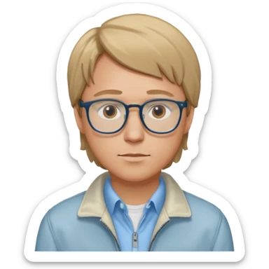 Brian Lackey from Mysterious Skin with brown eyes, dark blonde hair, light blue shirt, ivory jacket, glasses sticker