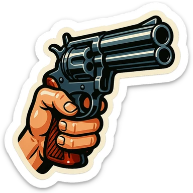 male hand holding a double-barreled revolver, retro stickers style, sharp black outlines, expressive shadows and highlights, no gradients, only sharp color transitions sticker