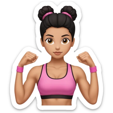Caramel skinned toned female with a black bun for hair. Her eyes are a coffee color brown and almond shaped. She’s wearing a pink sports bra and showing off her flexed muscular toned biceps. She’s not holding anything in her hands sticker