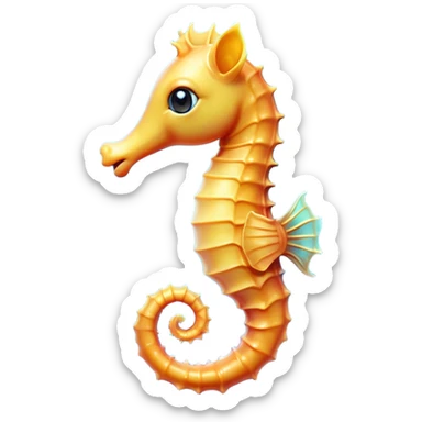 Cinematic Cute Sea Horse Portrait Emoji, Head tilted playfully and inquisitively, featuring a charming, slender form with a delicately curved body and a whimsical, curled tail, accented by round, sparkling eyes full of gentle wonder, Simplified yet irresistibly adorable features, highly detailed, glowing with a warm, inviting aquatic glow, high shine, affectionate and lively, stylized with a touch of enchanting marine charm, soft glowing outline, capturing the essence of a mischievous yet loving sea horse that seems as if it could float out of the screen into your arms! sticker