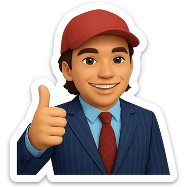 Create a 50% realistic emoji of a smiling man in a pinstripe suit and red cap, giving a thumbs up. The style should blend emoji and realism with a clear stylized look and some realistic details. Transparent background. sticker