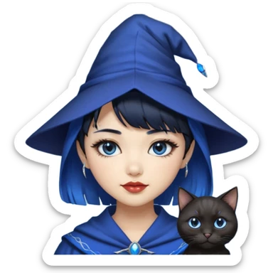 an asian short haired girl with electric blue highlighted short raven hair with bangs, with her silver left eye and dark brown right eye, with black cat eyed style eyeliner, and smirk of natural toned lipstick, with wizard hat with moon emblem on his hat. sticker