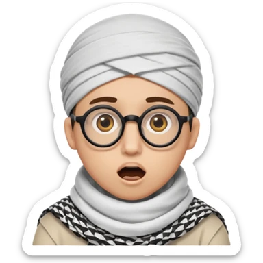 A person with light skin tone, wearing a traditional white keffiyeh with a black agal, large brown eyes, round glasses, and an open mouth showing a surprised or shocked expression. sticker