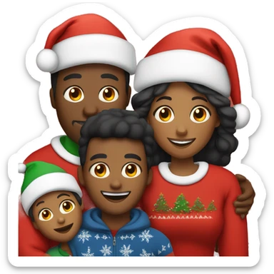 A Black family of four members with Dad, Mom, Son, and daughter. All wearing Christmas sweaters and Santa hats.  sticker