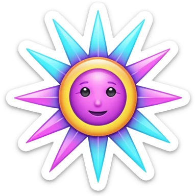 sun, neon rays, bright holographic purple and cyan collor sticker