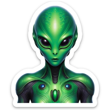 a portrait of an alien wearing a sleek alien suit, focusing on its upper half. it has a bright green head with large, black oval eyes and smooth skin, exuding a futuristic and otherworldly vibe. the suit is metallic and form-fitting, featuring intricate patterns and glowing accents, set against a cosmic background with soft, ethereal lighting sticker