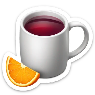 A Christmas mug of hot mulled wine, steaming with a cinnamon outside and an orange slice next to it sticker