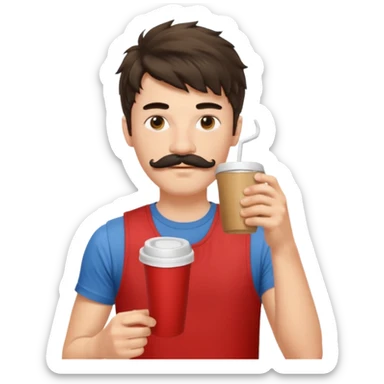 generate an ios genmoji of a fair 20 year guy with black mustache, messy mullet hairstyle, drinking takeaway coffee. wearing a sleeveless red tshirt sticker