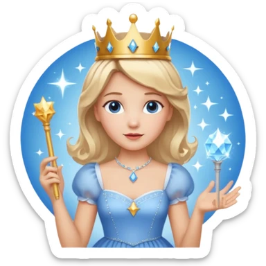 dorothy queen blonde hair, white dress with magic wand, rounded sparcle, and crown on head.Decolded blue dress sticker