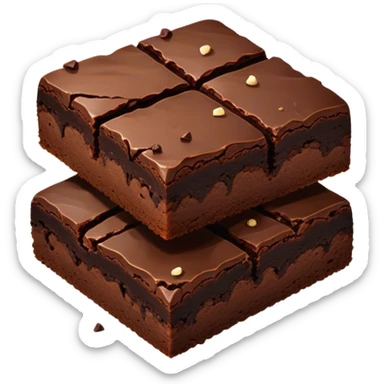 Cinematic Realistic Brownies, rich and dense with a deep chocolate hue, slightly cracked on top revealing the fudgy center, soft light reflecting off the warm surface, a few crumbs scattered around, glowing with an indulgent and comforting texture. sticker