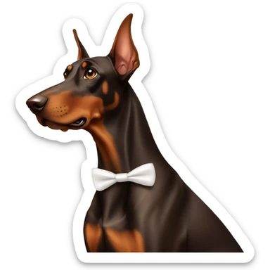 brown doberman with a white bow sticker